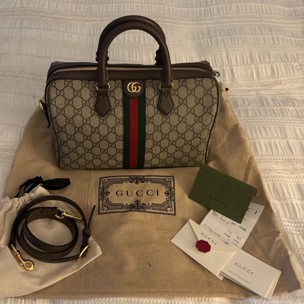 Ophidia medium boston bag Gucci Monogram Canvas Bag with Brown Accents